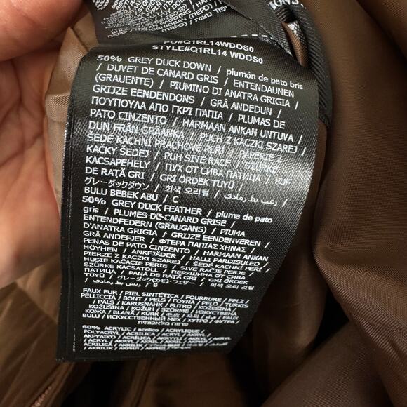 GUESS Janina Brown Long Line Faux Fur Hood Full Zip Down Puffer Jacket Size L - Picture 10 of 14